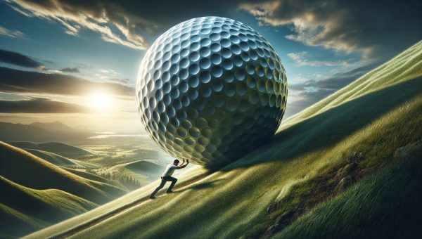 A man rolls a giant golf ball up a steep hill