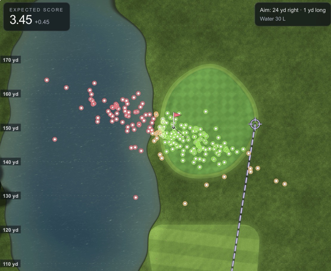 a draw pattern golf shot on top of a golf green with water left